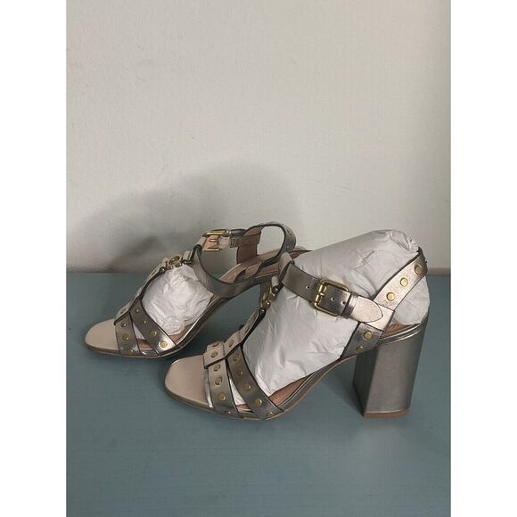 COACH Margaret Leather Strappy Studded Sandal Block Heel Sports Champagne 7 (B) - Picture 3 of 8